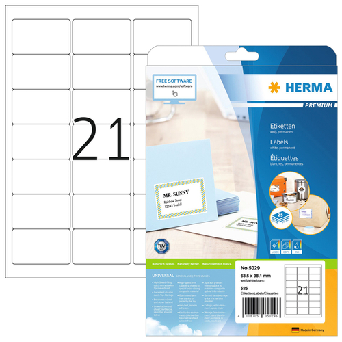 Etiket Herma 5029 A4 63.5X38.1MM Premium 525Stuks Wit