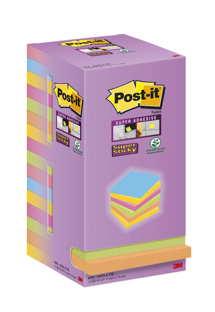 Memoblok Post-It Super Sticky 654 76X76MM Color 16 Stuks