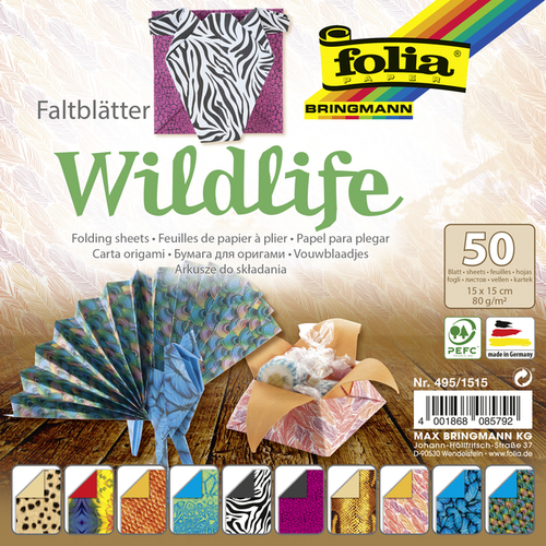 Vouwblaadjes Folia 80GR 15X15CM 50 Vel 2-Zijdig 10 Wildlife Designs
