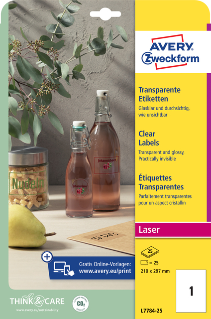 Etiket Avery Zweckform L7784-25 210X297MM Transparant 25Stuks