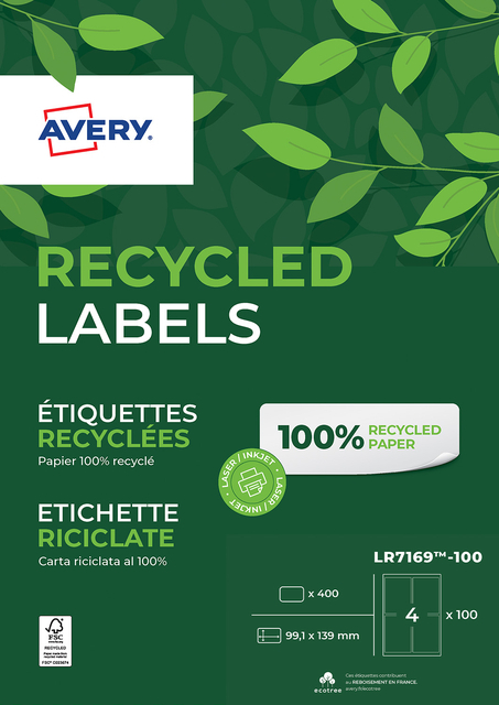 Etiket Avery LR7169-100 99.1X139 MM Recycled Wit 400 Etiketten