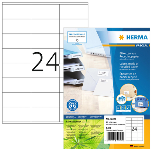 Etiket Herma Recycling 10728 70X36MM 1920Stuks Wit