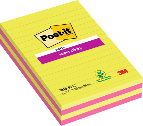 Memoblok 3M Post-It 584 127X203MM Super Sticky Lijn Assorti Kleur 4 Stuks