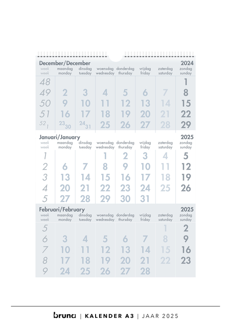 Kalender 2025 XL 3MND - Basis Wit