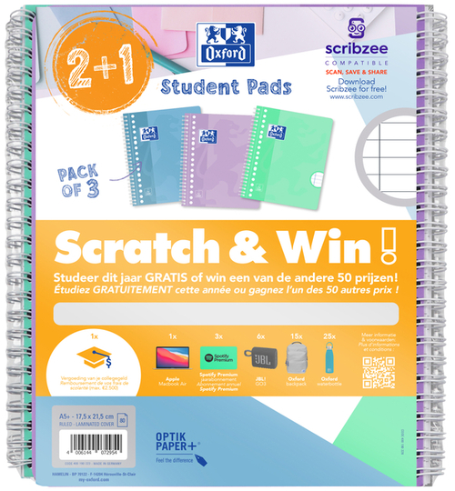 Collegeblok Oxford School A5+ Lijn 17-Gaats 160 Pagina's 80GR Pastel Scratch&Win Assorti 3 Stuks
