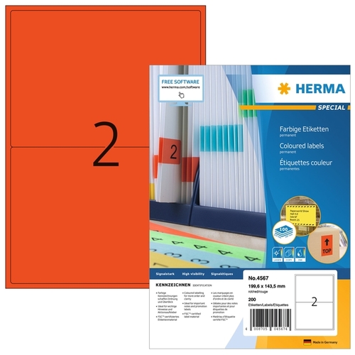 Etiket Herma 4567 199.5X143.5MM Rood 200 Etiketten