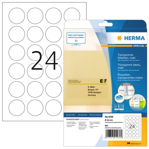 Etiket Herma 4236 Rond 40MM Transparant 600 Etiketten