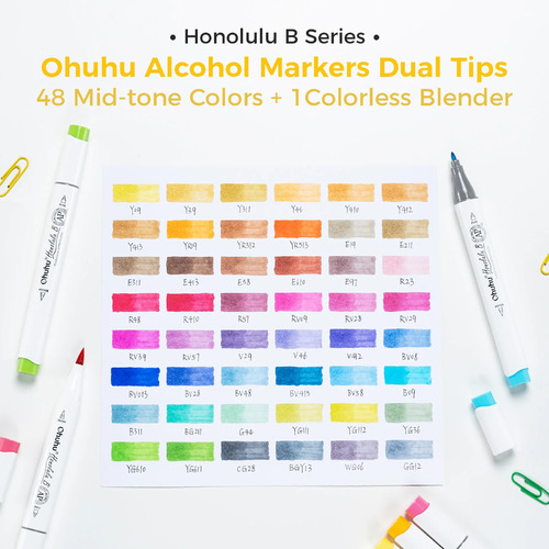 Ohuhu Honolulu B 48 Mid Tone kleuren Alcohol Art Markers Brush & Fine