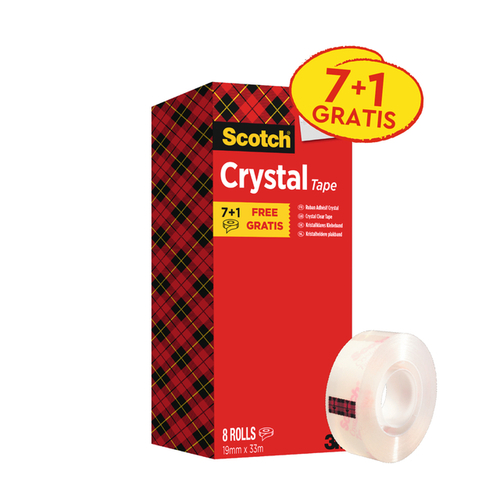 Plakband Scotch Crystal 600 19MMX33M Transparant 7+1 Gratis