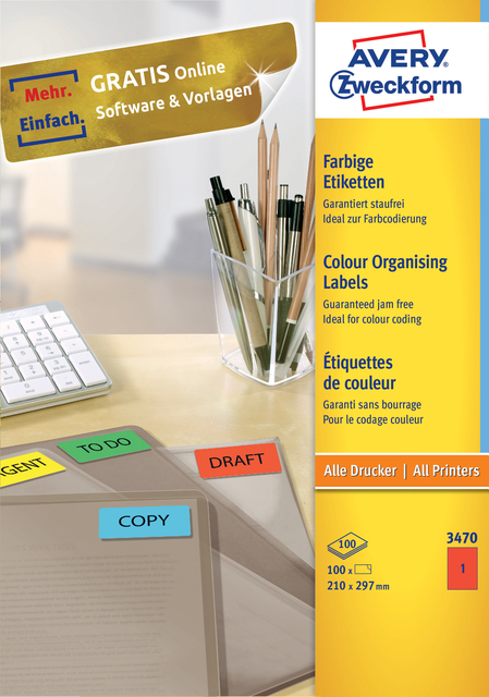 Etiket Avery Zweckform 3470 210X297MM A4 Rood 100Stuks