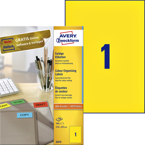 Etiket Avery Zweckform 3473 210X297MM A4 Geel 100Stuks