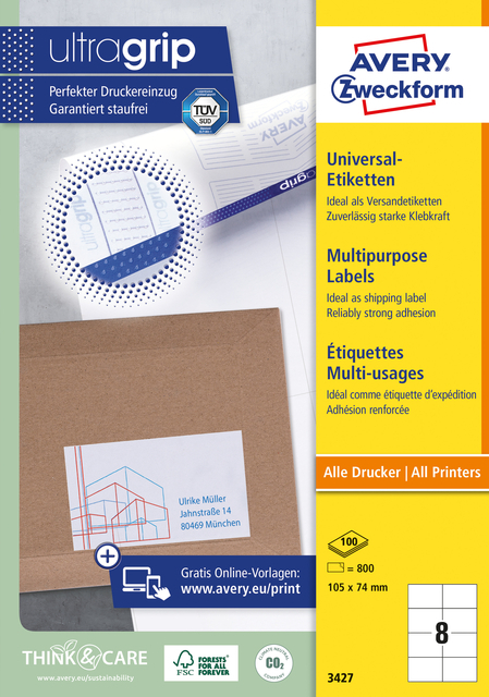 Etiket Avery Zweckform 3427 105X74MM Wit 800Stuks