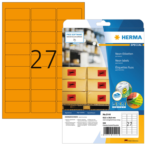 winnen Afdaling routine Etiket Herma 5141 63.5X29.6MM Neonoranje 540Stuks | Kantoorartikel | 817083  | Bruna