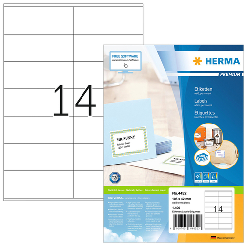 Etiket Herma 4452 105X42MM Premium Wit 1400Stuks