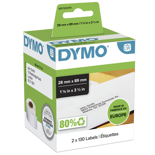 Etiket Dymo Labelwriter Adressering 28X89MM 2 Rollen Á 130 Stuks Wit