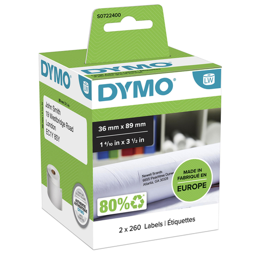 Etiket Dymo Labelwriter Adressering 36X89MM 2 Rollen Á 260 Stuks Wit