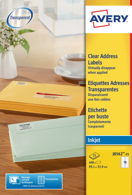 Etiket Avery J8562-25 99.1X33.9MM Transparant 400 Stuks
