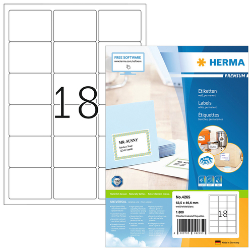 Etiket Herma 4265 63.5X46.6MM Premium Wit 1800Stuks