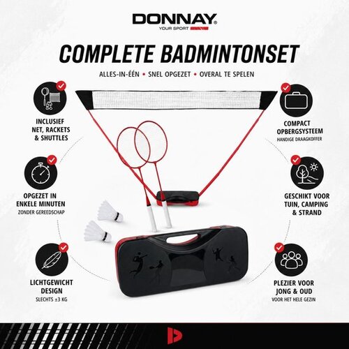 Donnay Badmintonset - Set Voor Twee Personen Incl. Net & Tas