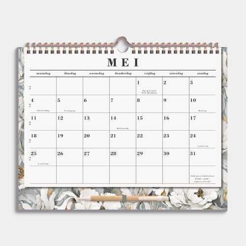 Maandkalender 2026-2027 A4+ Witte Pioenrozen