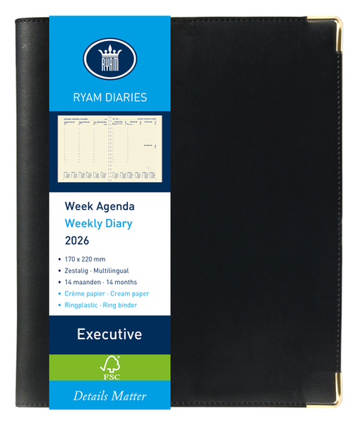 Agenda 2026 Ryam Executive Nappa 7Dagen/2Pagina's Ringplastic Zwart