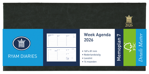 Agenda 2025 Ryam Memoplan 7 Mundior 7Dagen/2Pagina's Landscape Zwart