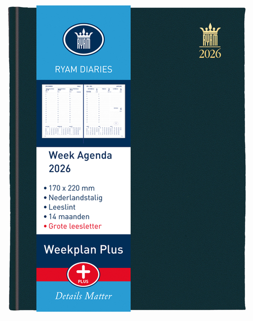 Agenda 2026 Ryam Weekplan Plus Mercury Groot Letter 7Dagen/2Pagina's Zwart