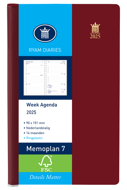 Agenda 2024 Ryam Memoplan 7 Suprema Ringplasic 7Dagen/2Pagina's Bordeaux