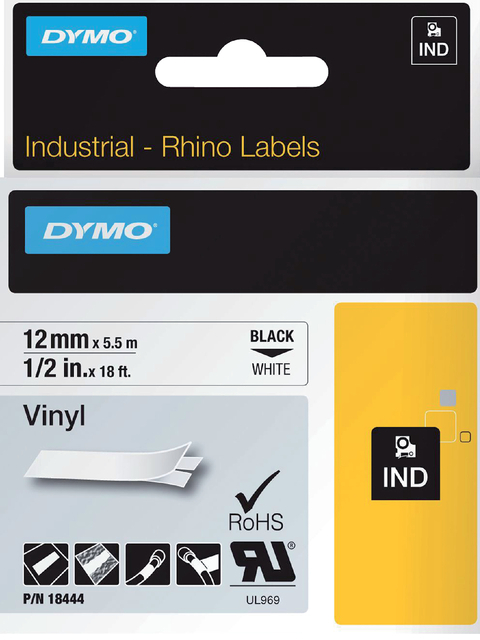 Labeltape Dymo Rhino Industrieel Vinyl 12MM Zwart Op Wit