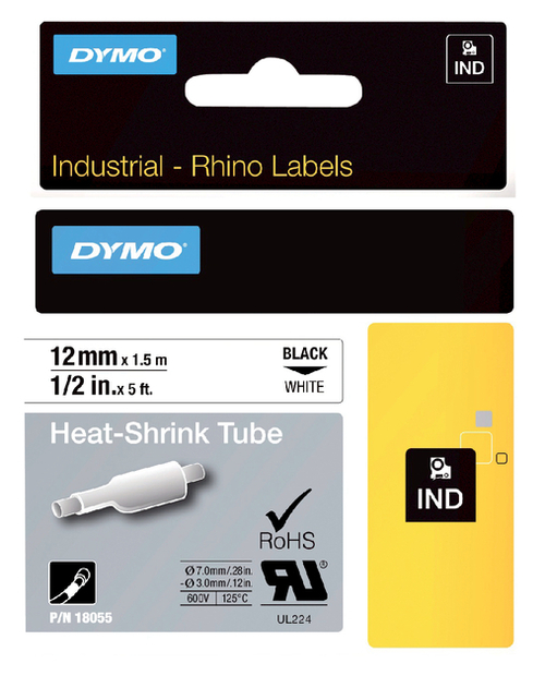 Labeltape Dymo Rhino 18055 12MMX1.5M Krimpkous Zwart Op Wit