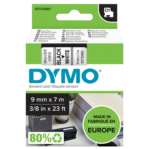 Labeltape Dymo D1 40913 720680 9MMX7M Polyester Zwart Op Wit