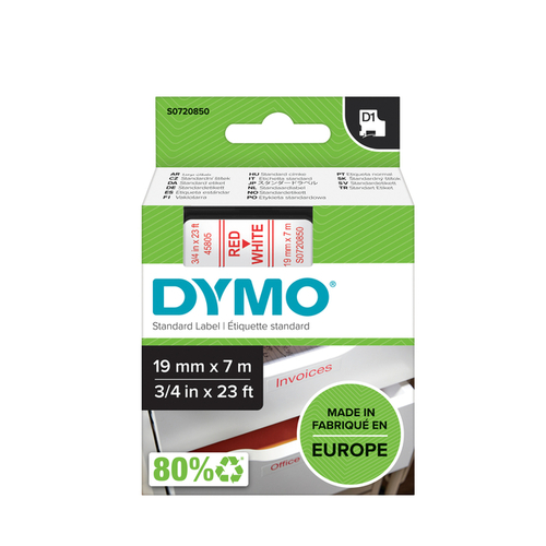 Labeltape Dymo D1 45805 720850 19MMX7M Polyester Rood Op Wit