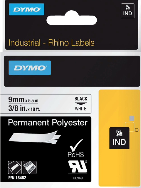 Labeltape Dymo Rhino 18482 9MMX5.5M Polyester Zwart Op Wit