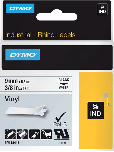 Labeltape Dymo Rhino 18443 9MMX5.5M Vinyl Zwart Op Wit