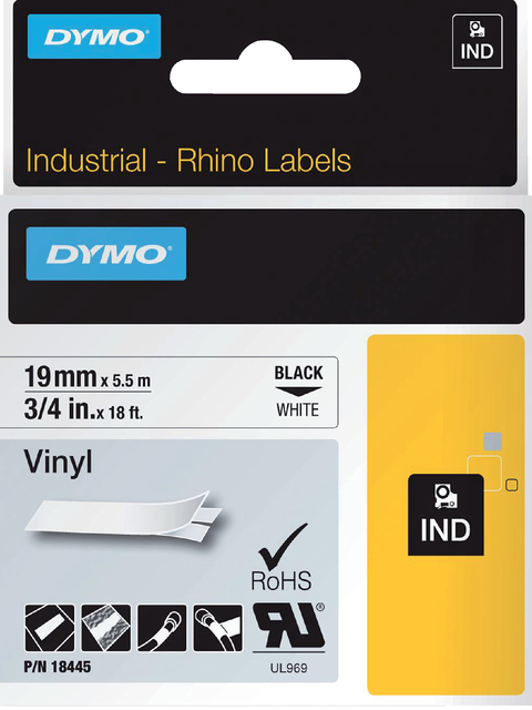 Labeltape Dymo Rhino Industrieel Vinyl 19MM Zwart Op Wit