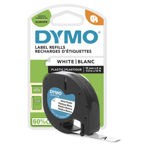Labeltape Dymo Letratag 91201 12MMX4M Plastic Zwart Op Wit