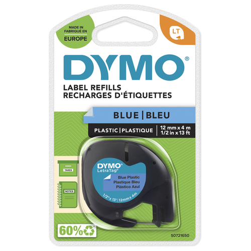 Labeltape Dymo Letratag Plastic 12MM Zwart Op Blauw