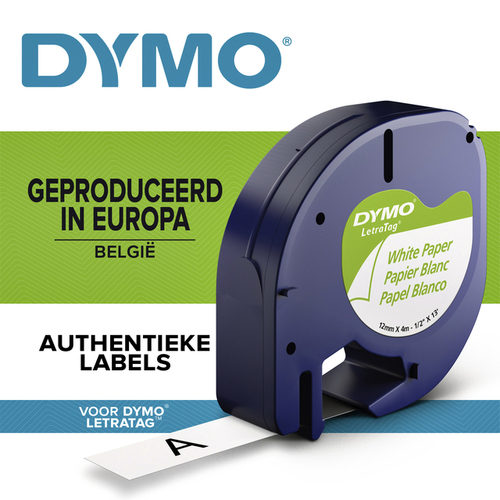 Labeltape Dymo Letratag Papier 12MM Zwart Op Wit
