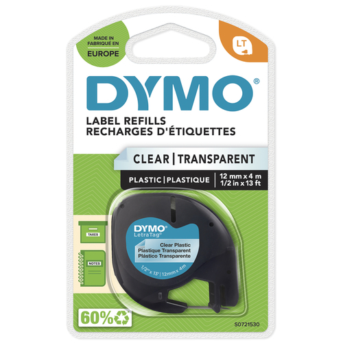 Labeltape Dymo Letratag 12267 12MMX4M Plastic Zwart Op Transparant