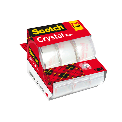 Plakband Scotch Crystal 600 19MMX7.5M Transparant 2+1 Gratis + Afroller