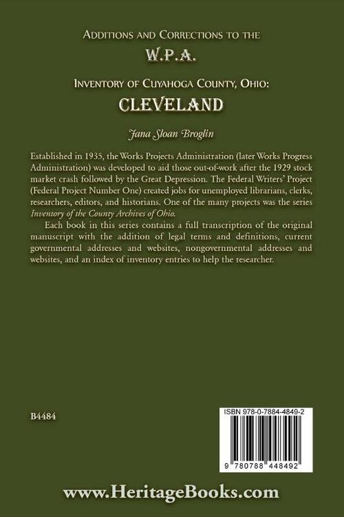 Additions and Corrections to the W.P.A. Inventory of Cuyahoga County, Ohio