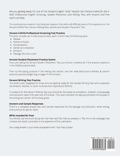 Versant Test Practice Exams for the 4-Skills Professional English Screening, Student Placement, and Writing Tests with Answers and Free mp3s