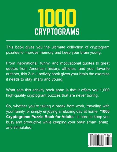 1000 Cryptograms Puzzle Book for Adults (2 Books in 1) - The Ultimate Collection of Large Print Cryptogram Puzzles to Improve Memory and Keep Your Brain Young