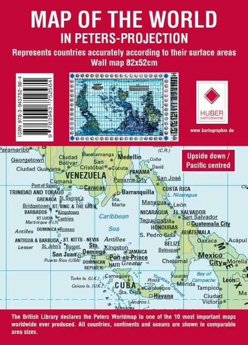 Poster Weltkarte Petersprojektion, Up-side down englisch (ca. 82,5 x 52,3 cm)