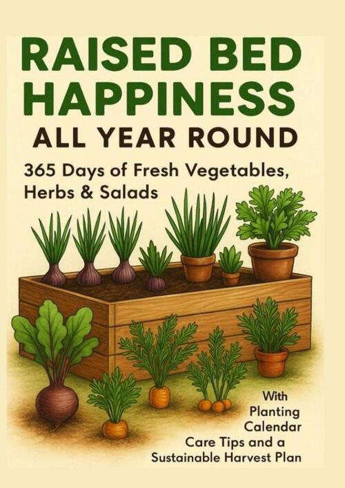 RAISED BED HAPPINESS ALL YEAR ROUND 365 Days of Fresh Vegetables, Herbs & Salads – With Planting Calendar, Care Tips and a Sustainable Harvest Plan
