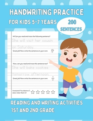 Handwriting Practice For Kids 5-7, 200 Sentences: Reading and Writing Activities For 1st and 2nd Grade Blue Cover