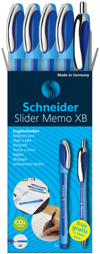 Balpen Schneider Slider Memo XB Blauw Set À 4 Stuks + 1 Gratis Slider Balpen