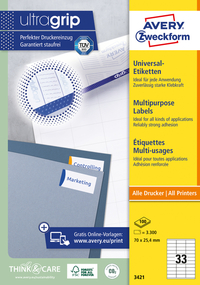 Etiket Avery Zweckform 3421 70X25.4MM Wit 3300Stuks